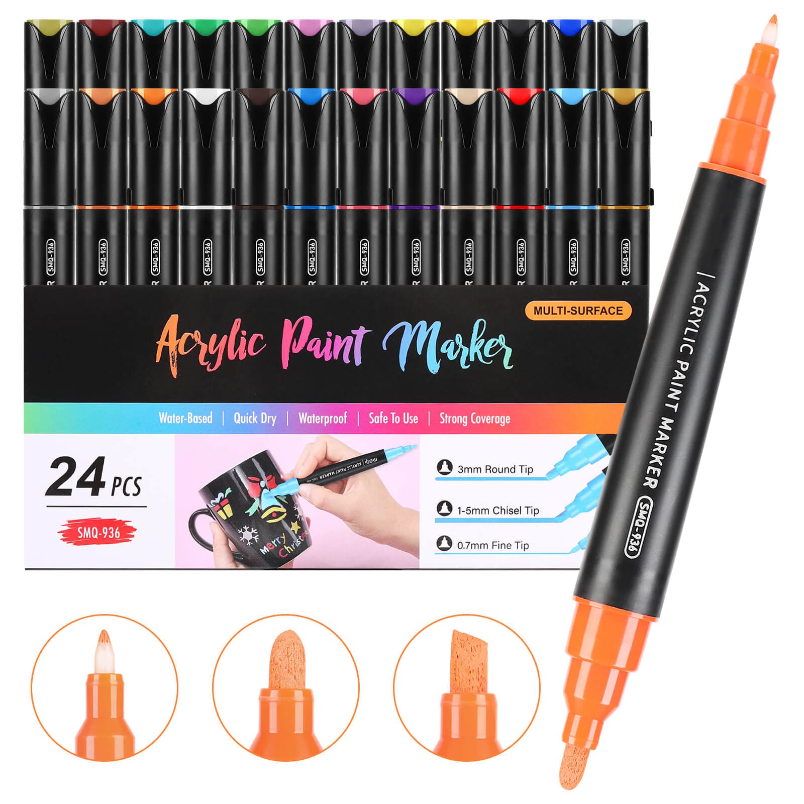 Paint Pens Paint Markers 24 Colors Three Tips Acrylic Markers Pens With Fine Tip Medium Tip Chisel Tip Acrylic Paint Pens for Rock Painting Wood Canvas